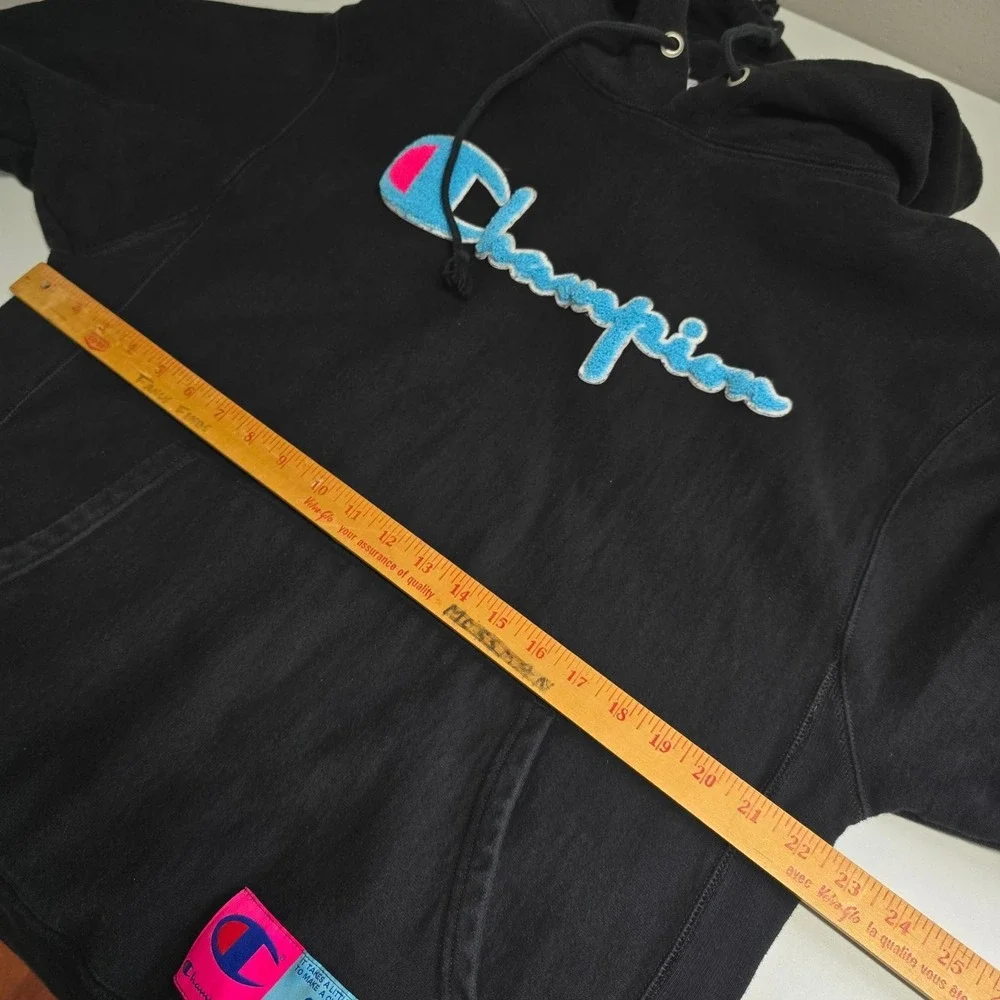 Champion Hoodie Mens L Black Reverse Weave Chenille Script Patch 19 Pullover - Picture 8 of 12